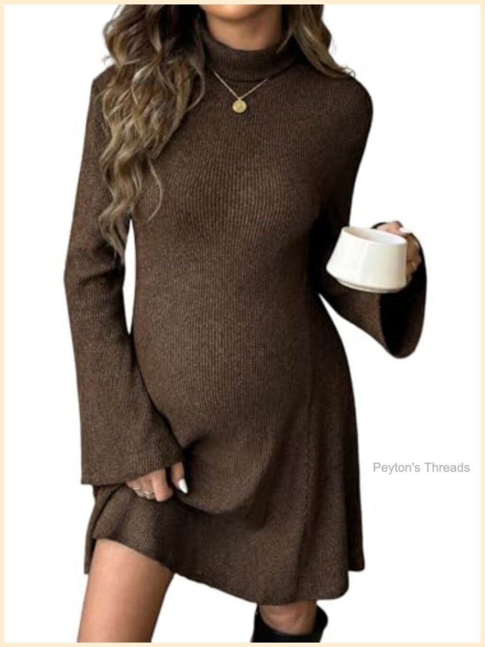 Maternity Midi Rib Knit Dress Long Sleeve Mock Neck Stretchy Casual Fall Dress